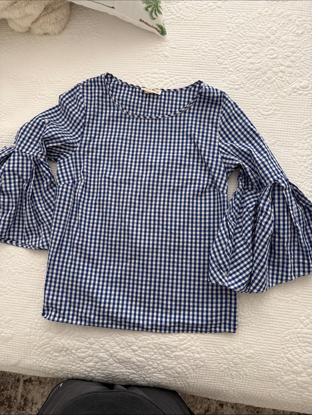Jane and Delancey Blue and White Gingham Bell-Sleeve Blouse